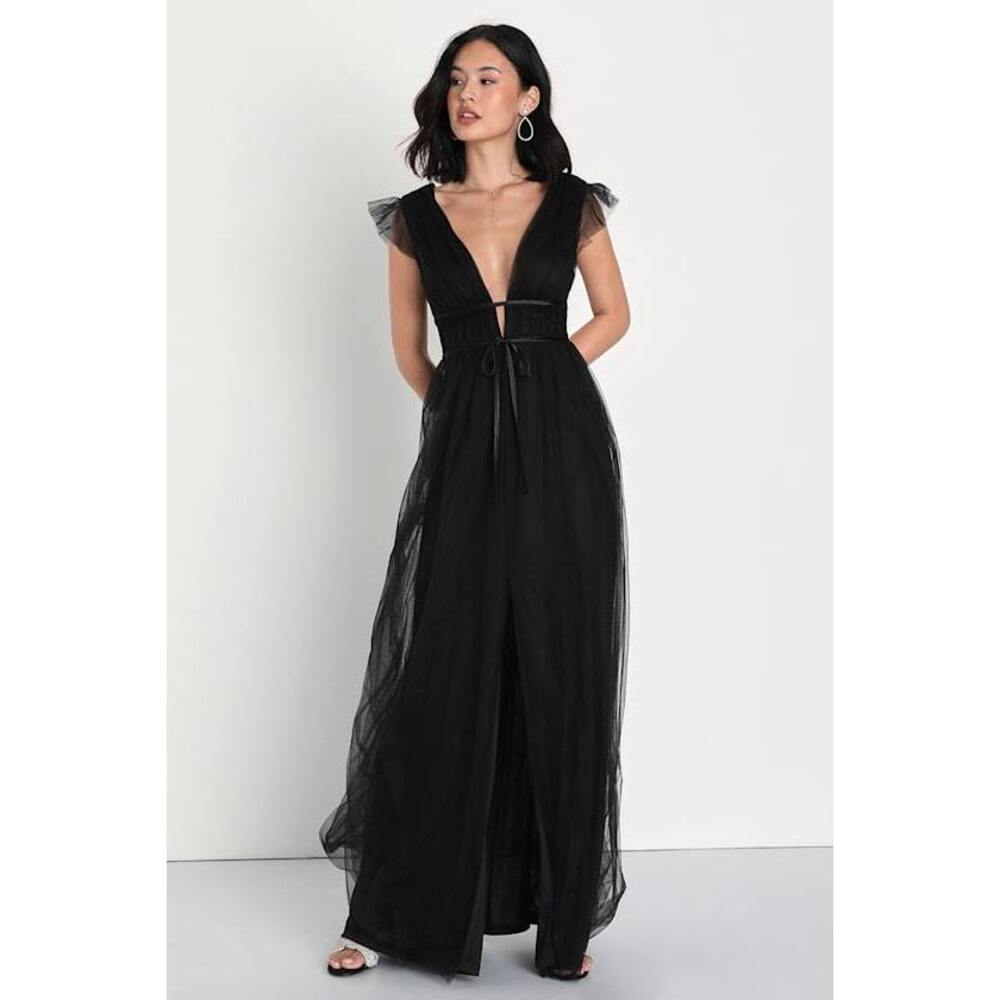 Lulus I'm All Yours Black Tulle Ruffled Maxi Dress - Size M
